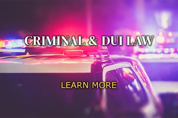 Police lights and words titled "Criminal & DUI Law".