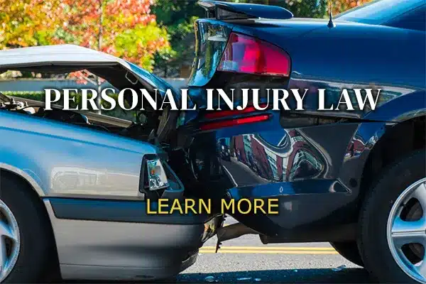 Two cars crashed in a rear end accident and words titled "personal injury law".